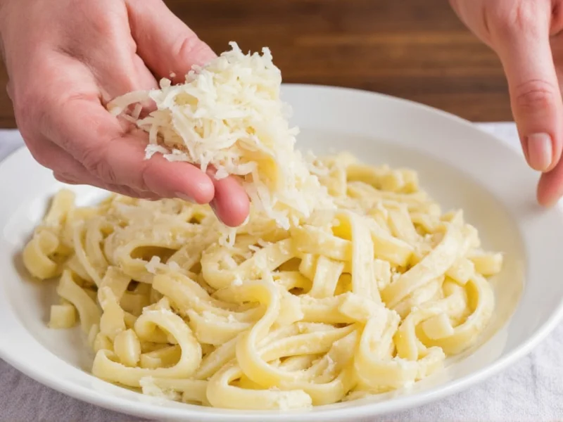 Hand grating parmesan cheese over alfredo pasta