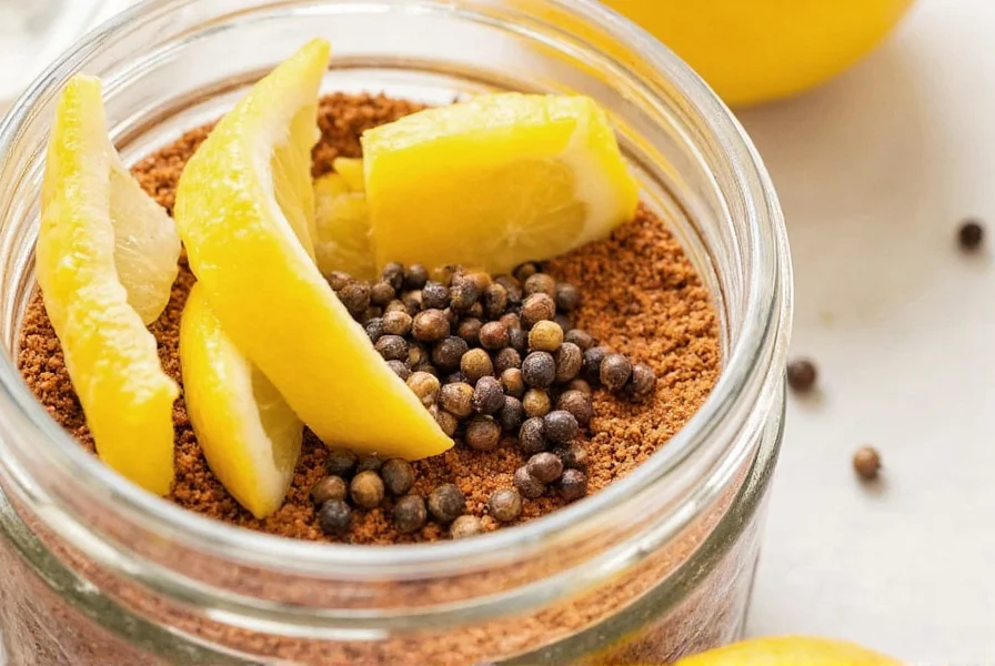 Close-up of homemade spicy lemon pepper seasoning in glass jar with lemon slices and black peppercorns
