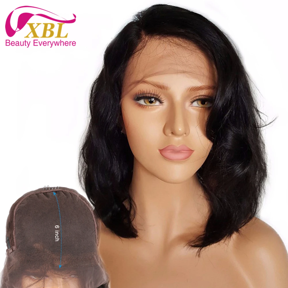 

XBL Free Shipping Remy Body Wave Bob Human Hair Lace Front Wig,Pre Plucked Short Bob Wig with baby hair 8-14 inch Natural Black