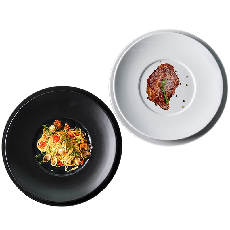 

porcelain 11 12 inch matte white black broadside Steak plate pasta plates sets dinnerware ceramic bulk dinner plate