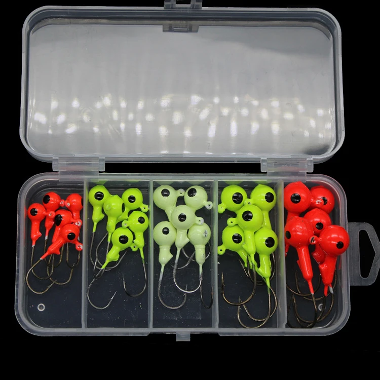 

In Stock 26pcs Colorful Soft Worm Lure Single Barbed Lead Head Jig Luminous Fishing Hook Set With Box