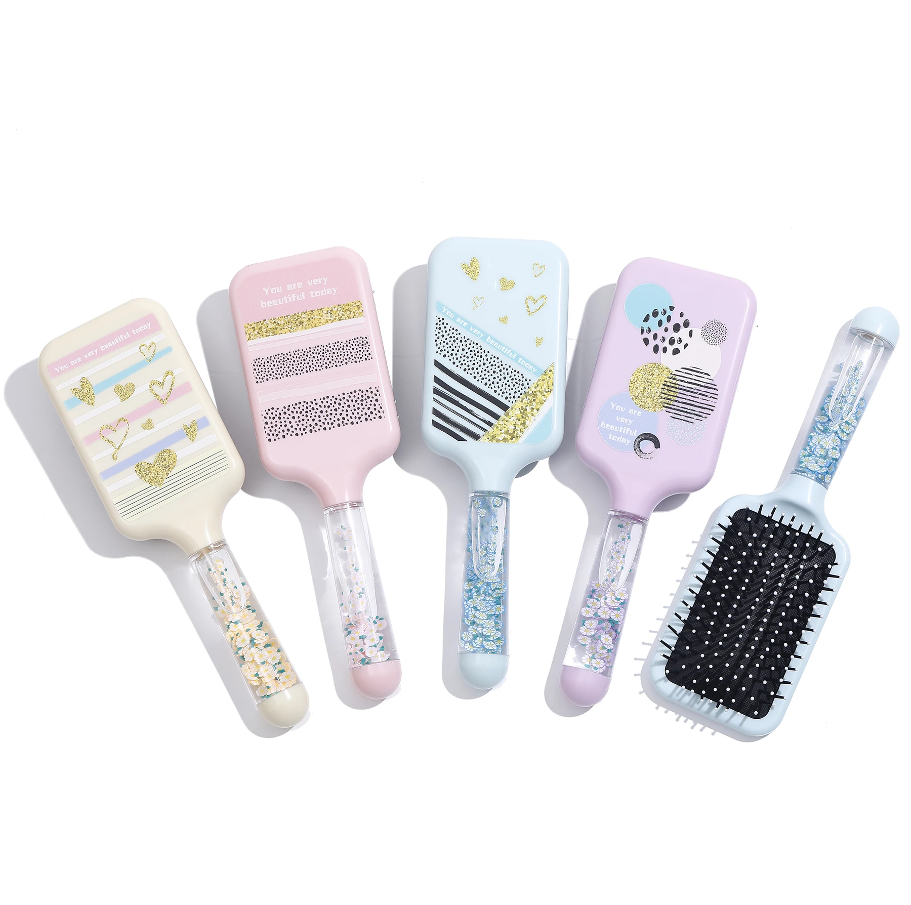 

New Arrival Transparent Liquid Glitter Shell Paddle Hair Brush Cute Rectangle Cushion Hairbrush Unbreakable Customize Hairbrush, Customized color