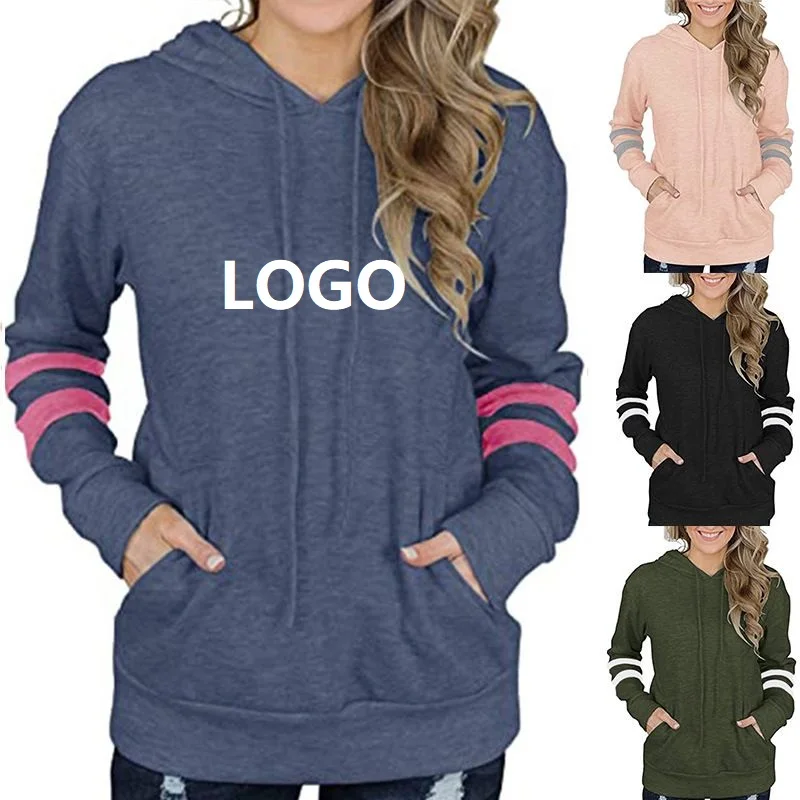 

YD - 067 Custom logo Autumn ladies casual simple side striped fashionable pockets pullover cotton hoodie women