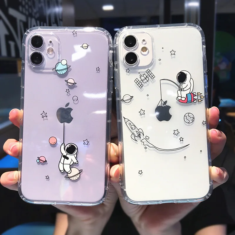 

Cute Cartoon Astronaut Star Space Phone Case For iPhone 11 Pro MAX XS XR X 12 Mini 7 8 Plus Clear Soft TPU Shockproof Back Cover