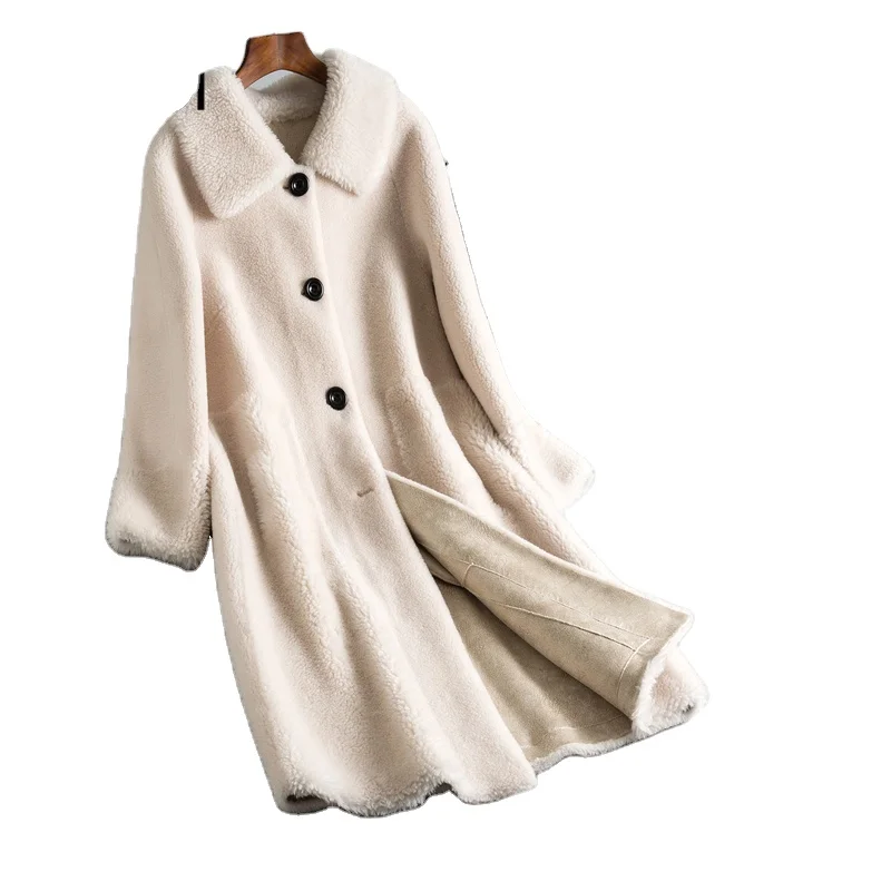 

Fall Winter women 30% real wool fur coat wide waisted warm jacket sheep shearling girl fur coats lady long jacket clothes OMS836