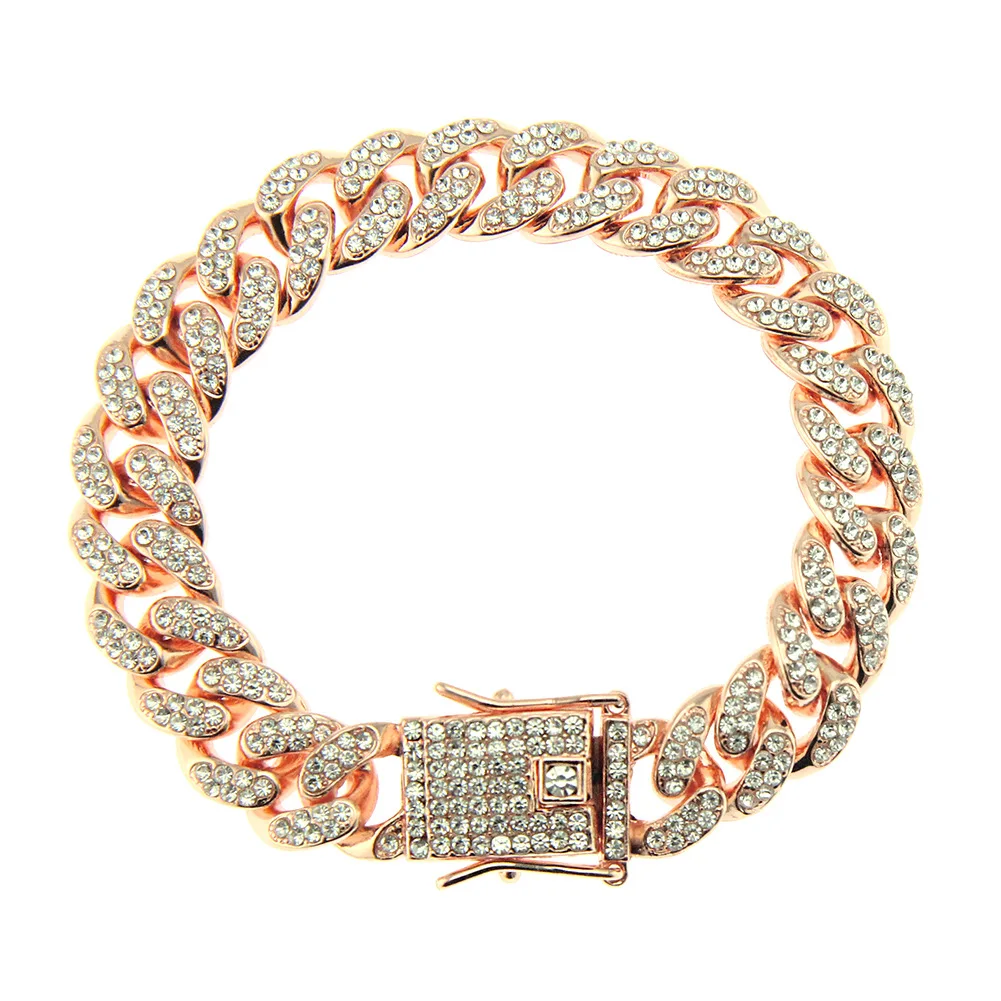 

Fashion 12mm Rose Gold Bling Bling Rhinestone Crystal Miami Cuban Chain Charm Bracelet Miami Cuban Chain Punk Hip Hops Bracelet