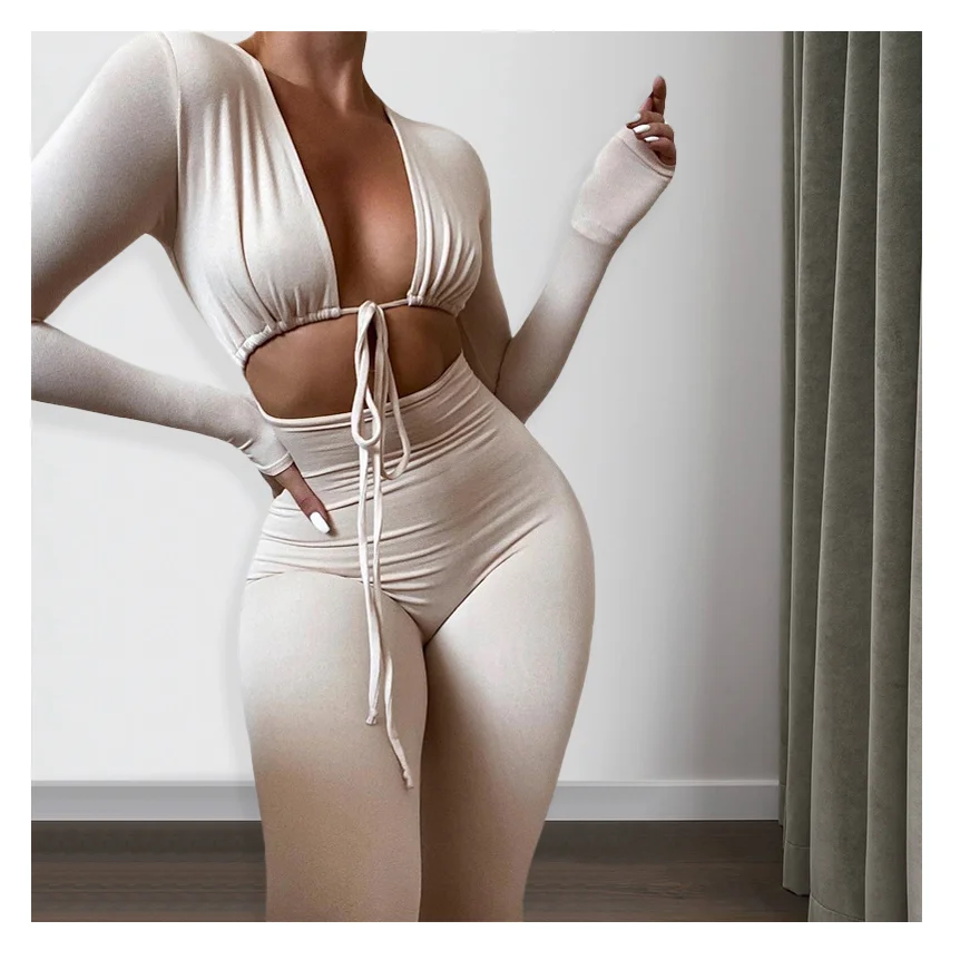 

Wholesale sping pure color sexy hollow long sleeve tight jumpsuit women's sports fitness yoga sexy jumpsuit women jumpsuit, Picture shows