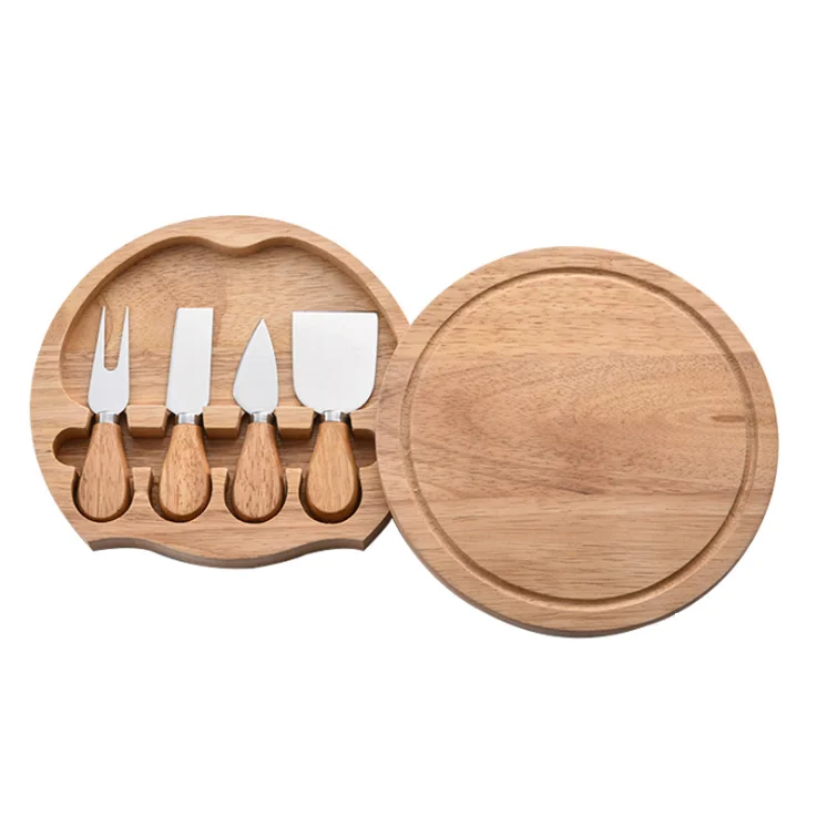 

Wholesale round best Wedding gift Housewarming Gift rubberwood swiveling cheese board bamboo cheese board and knife set, Natural