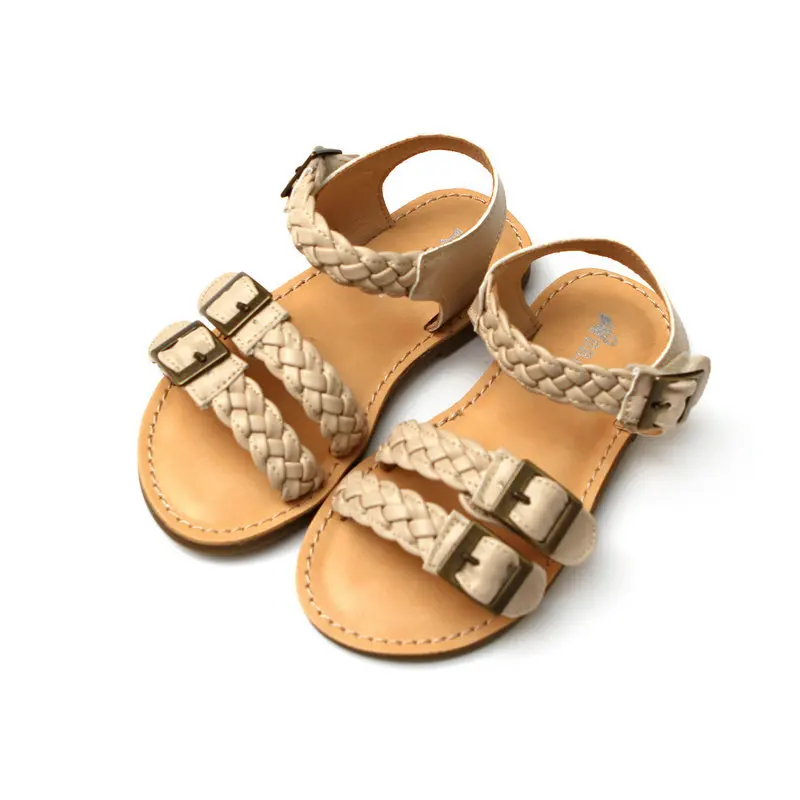 

New summer beach outdoor 2022 fashion vintage children hard sole soft leather double braided sandals for girls, Brown/white