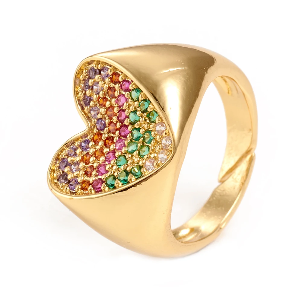 

PandaHall Size 7 Heart Colorful Golden Brass Cubic Zircon Cuff Rings