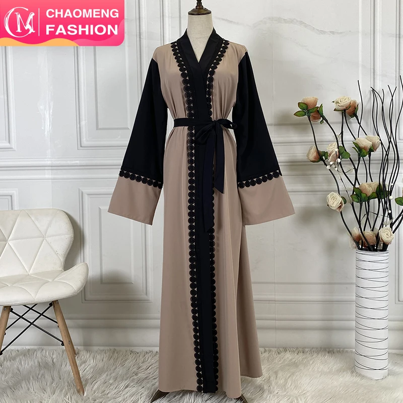 

1840# Abaya With Embroidery New Style Latest Models Muslim Front Open Kimono Belt Islamic Clothing, As shown