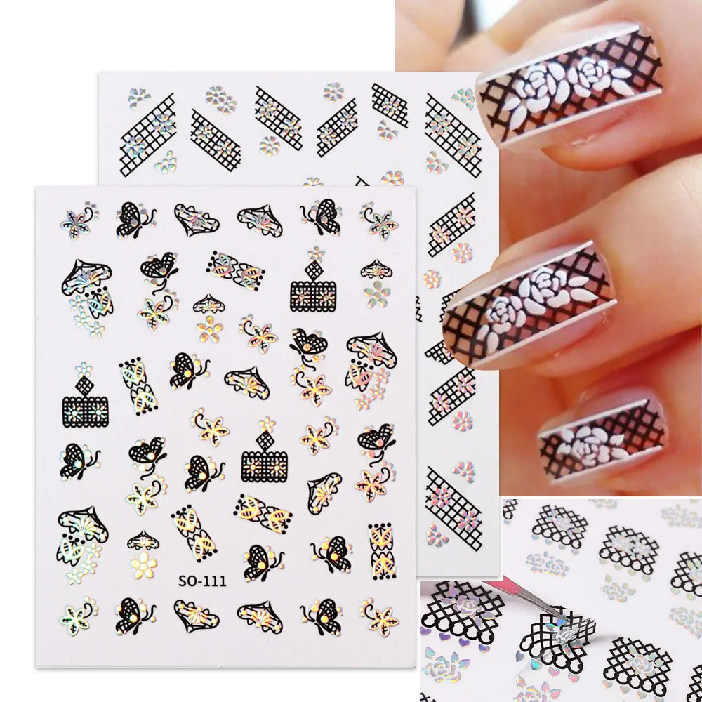 

Free Shipping 2022 3D Gold Silver Rose Nail Decals Laser Adhesive Lace Flower Butterfly Nail Sticker Designs