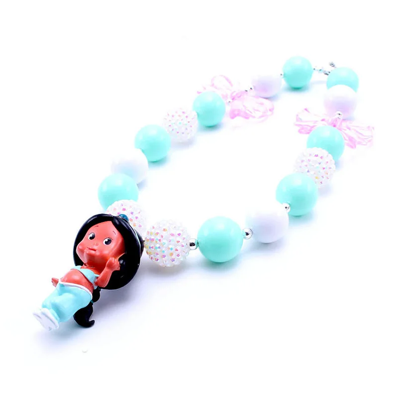 

Hot sale bubblegum rhinestone kids jewelry cartoon princess pendant infant baby girls chunky beads necklace, As picture show