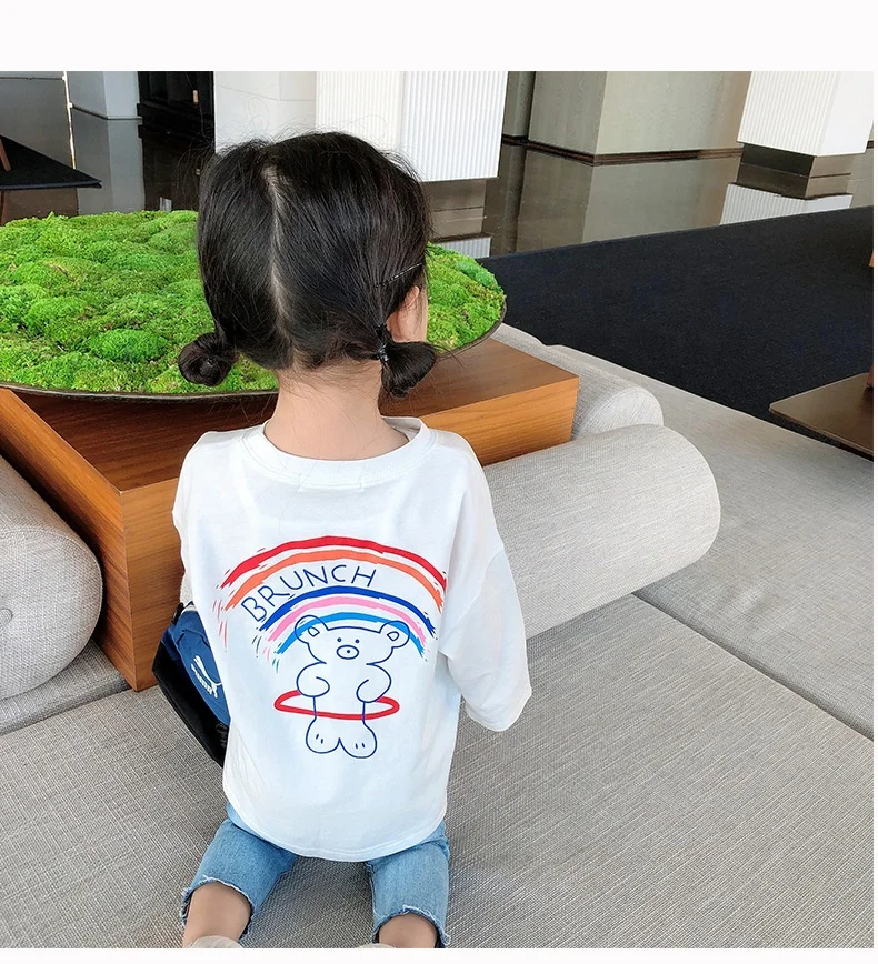 

Children's T-shirt spring 2021 new children's clothing Baby loose round neck top Girls bear cartoon long T-shirt
