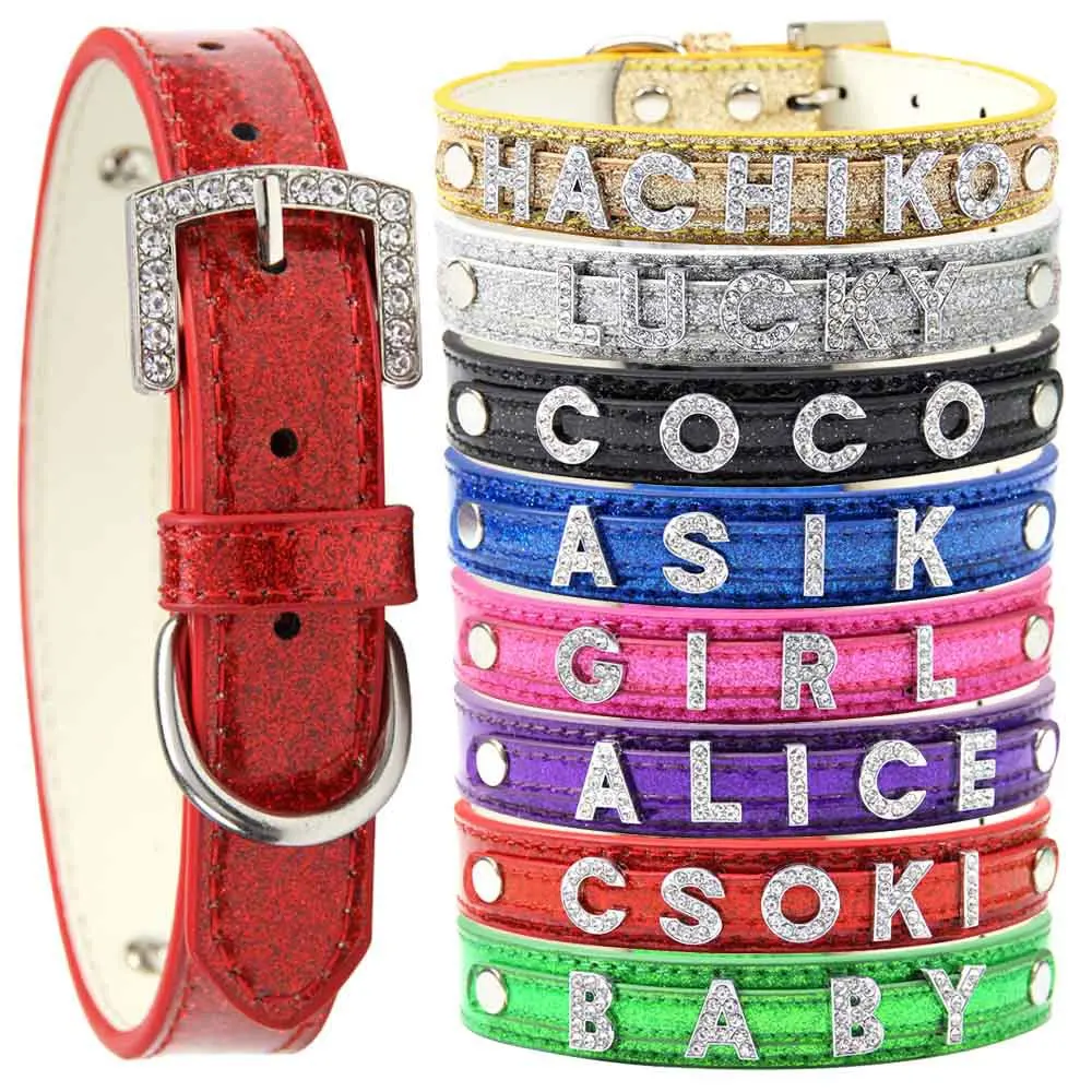 

Fancy DIY Name Letters Jewels Diamond Diamante Rhinestone Blinged PU Leather Pet Dog Collar Jeweled Pet Supplies, Silvery/golden/purple/rose pink/black/red/green/royal blue