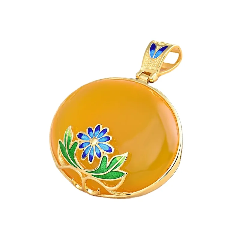 

Certified Chalcedony Inlaid Cloisonne Pendant Lotus Blooming Yellow Chalcedony Ladies Sweater Necklace Pendant Tassel