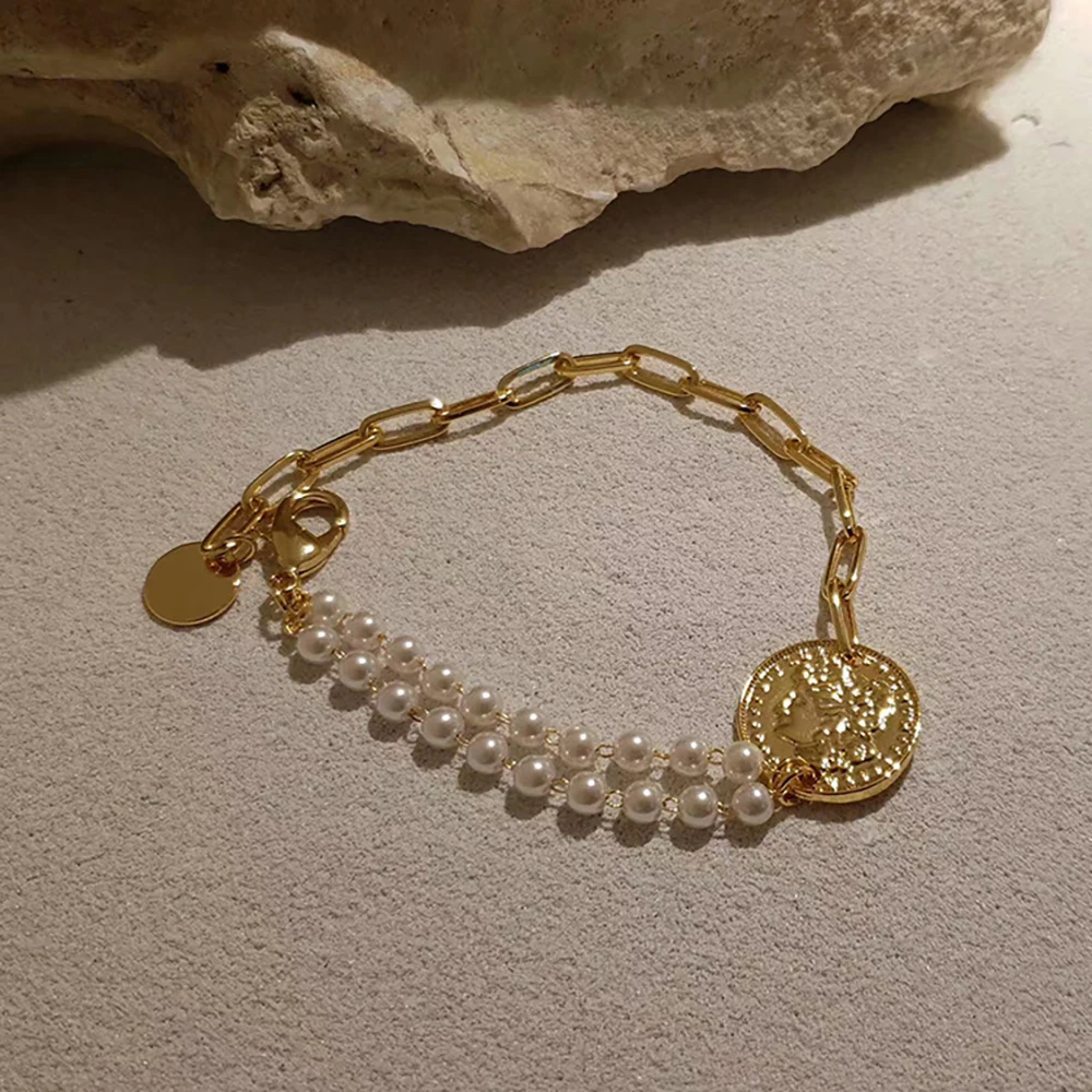 

Real pearl jewelry vintage coin charm link chain double layer real gold plated bead pearl bracelet