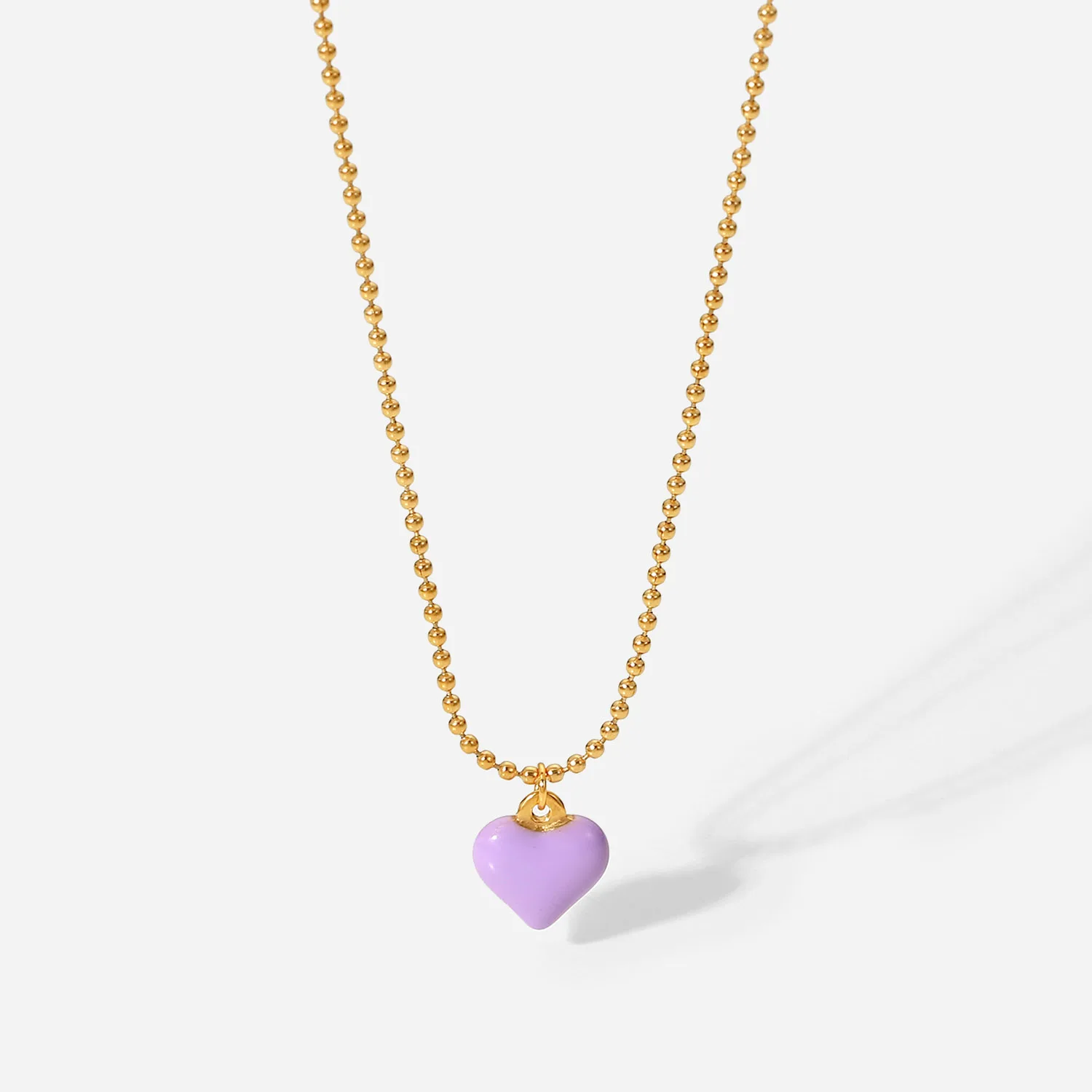 

Ins 18k Gold Plated Stainless Steel Tarnish FreeJewelry Bead Chain Enamel Purple Heart Pendant Necklace For Women