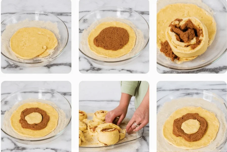 Step-by-step process showing large Texas cinnamon roll dough being rolled with cinnamon sugar filling