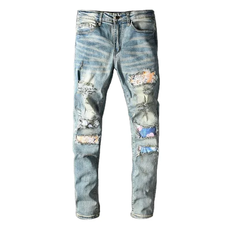 

High Street Comfortable trousers destroyed jeans holes stretch Slim skinny ripped men jeans, Picture