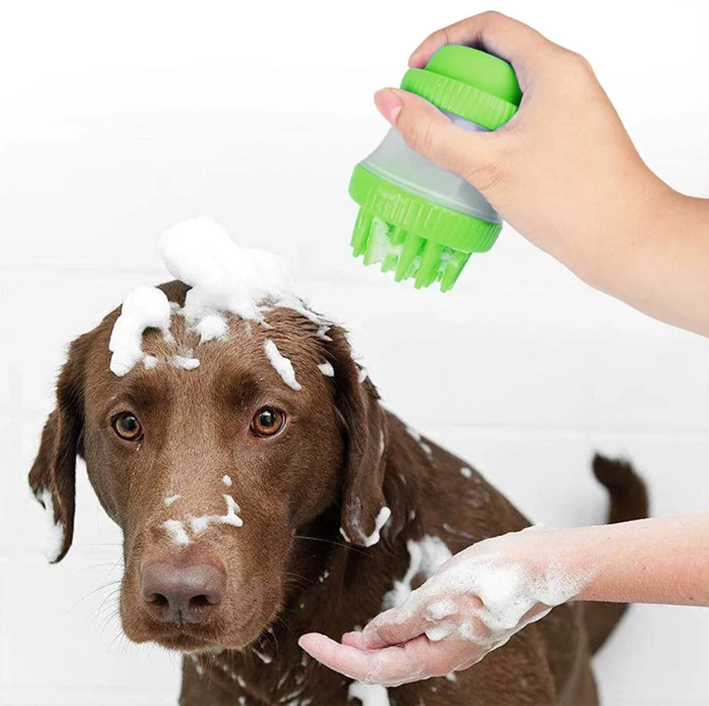 

Soft Pet Dog Bath Massage Brush Pet Scrubber Shampoo Dispenser Silicone Brush Bristle Pet Cleaning Device, As photo