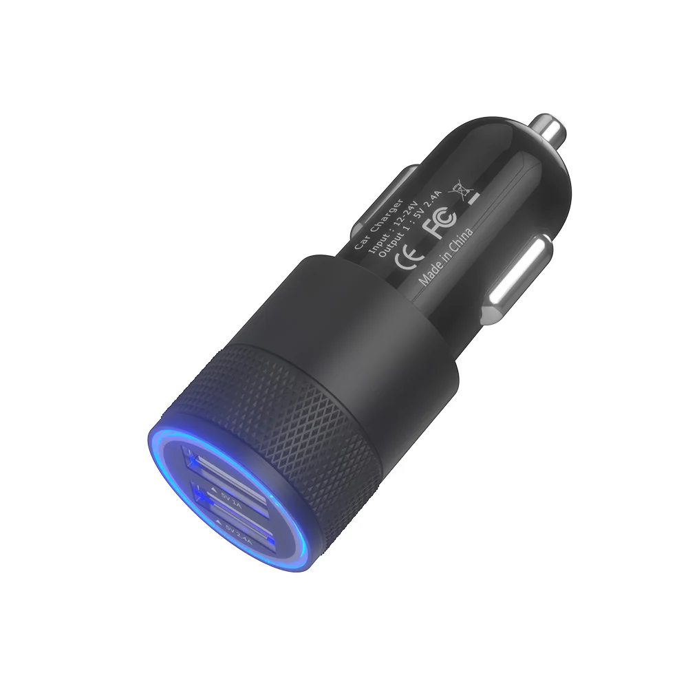 

USA Metal Circle Led Dual USB 5V 2.4A Adapter Universal Mobile Phone 2 Port Usb Car Charger, Black