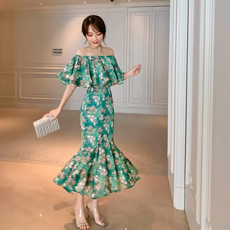 

Summer New Women Style Holiday Ruffle Green Chiffon Floral Long Dress