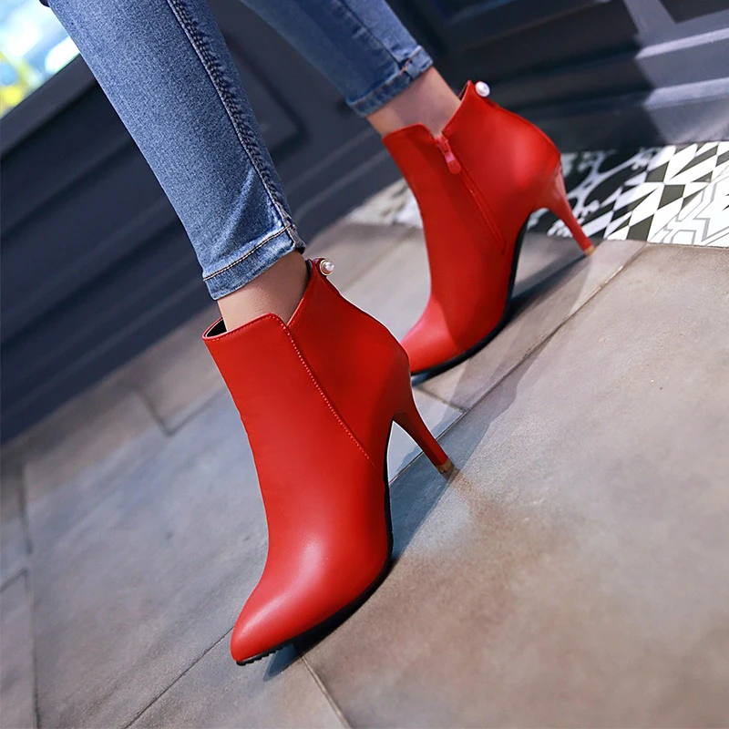 

New Waterproof PU Super High Heels Pointed head Simple Style Sexy Women Ankle Boots, Black/red/grey