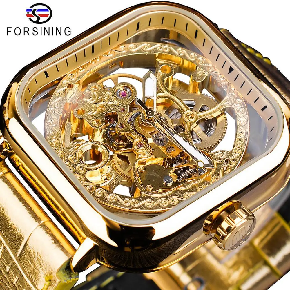 

Forsining Business Classic fashion skeleton gold Square dial design automatic mechanical men's leisure waterproof watches
