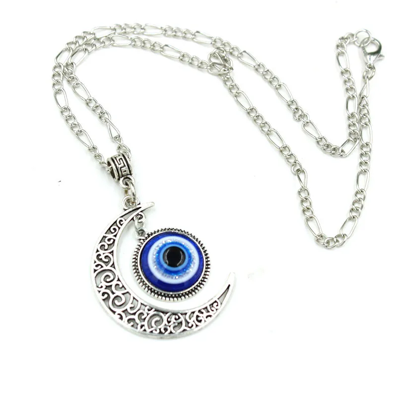 

Vintage Style Silver Plated Islamic Moon Evil Eyes Pendant Necklace Moon Turkey Blue Eyes Necklace For Women