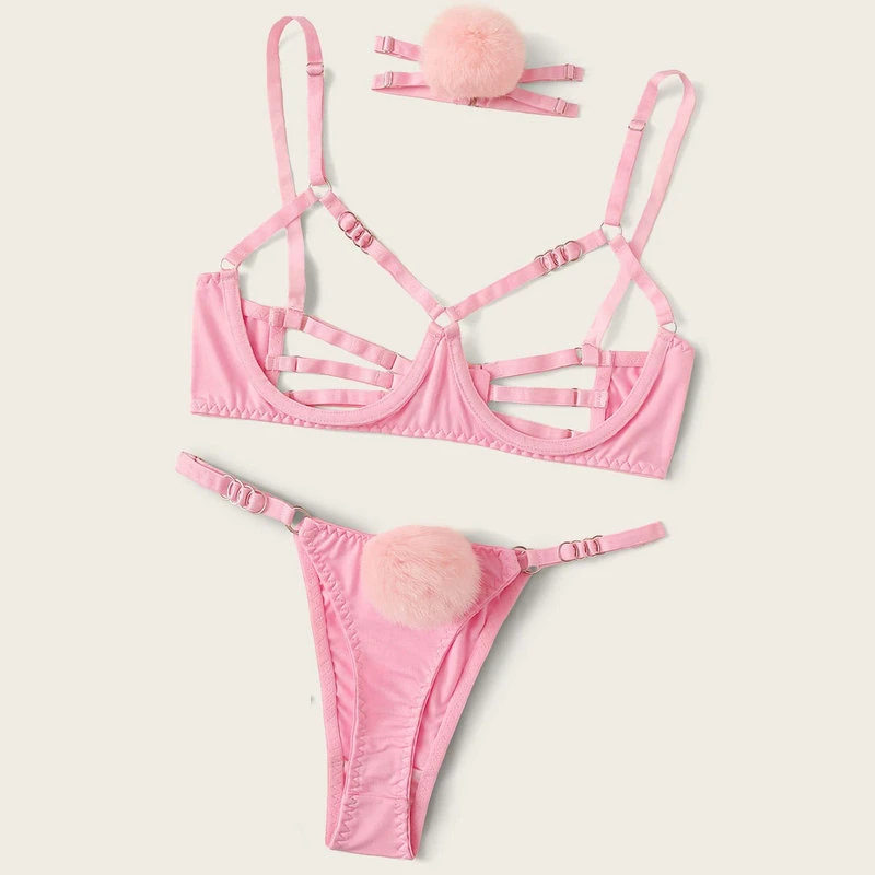 

New fashion sexy Big breasts leak gathered bra lift up bra With hanging neck rabbit hair ball womens sexy underwear, Pink