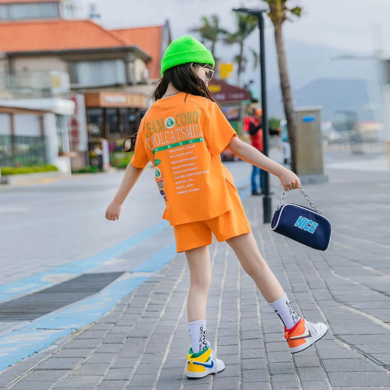 

2021 New Children Girl Short Sleeve Letter Printed Clothing Set Cute Children Girl Orange Outfit Set 4-10T, Purple orange