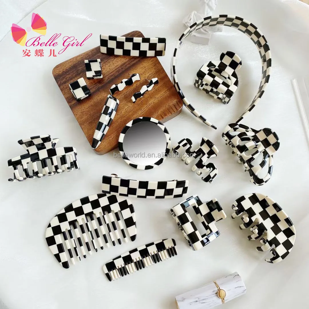 

BELLEWORLD New arrival star design multi styles hair pins classic black white checker acetate hair claw clip headbands for girls