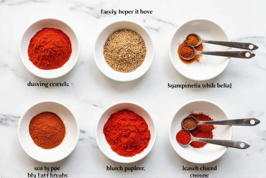 Various red pepper substitutes arranged in small bowls with measuring spoons showing proper substitution ratios