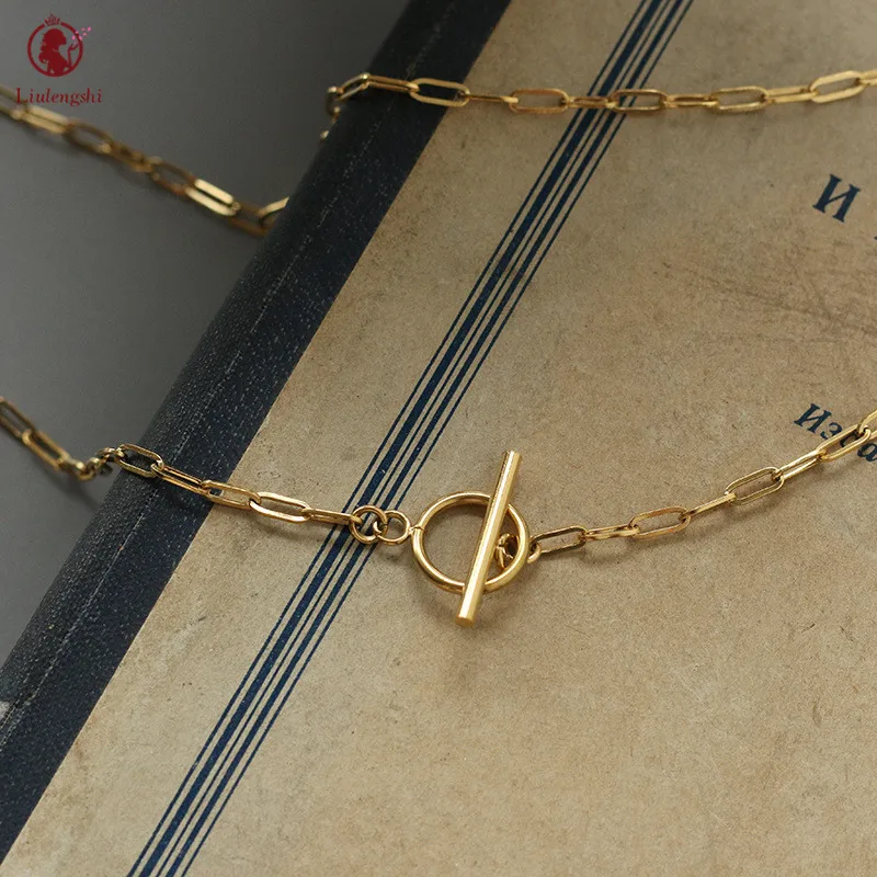 

18K Gold Plated Paper Clip Linked Necklace Stainless Steel Paperclip Chain OT Toggle Clasp Necklace For Women