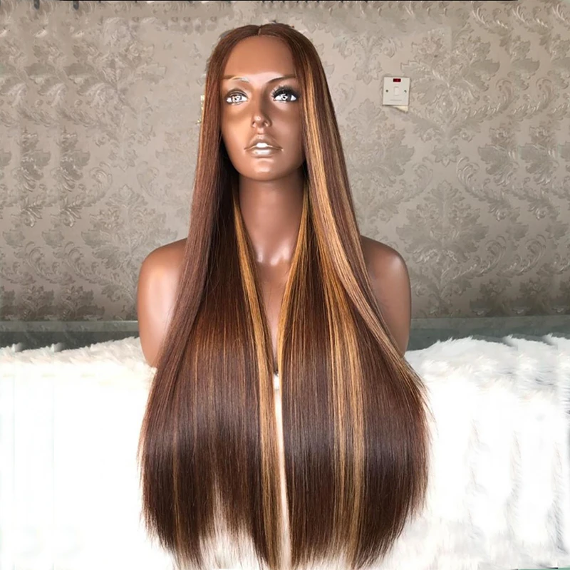 

Indian Raw Hair Wig Highlight Honey Blonde Straight Bleach Knots Cuticle Aligned Human Hair Lace Front Wig, Highlight brown blonde