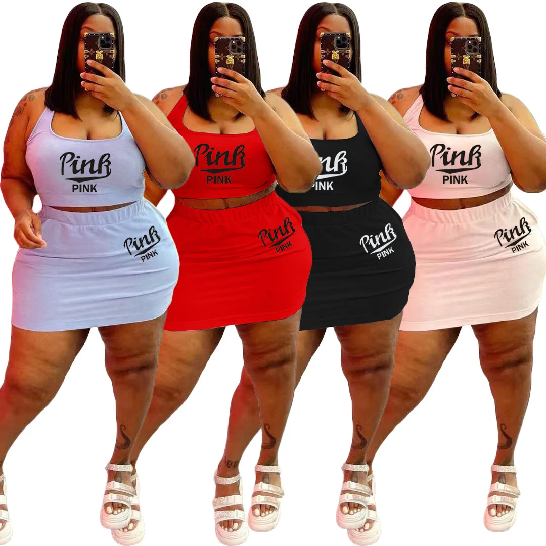 

YZM77225 New arrival plus size casual short skirt printed sling p*ink tight 2 two piece suit, 4 colors