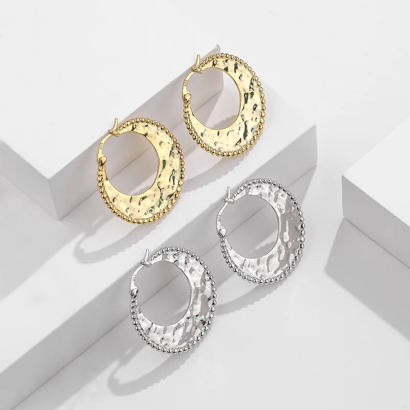 

Daidan Hoop Earrings Texture Hoop Earrings 18K Gold Plated Large C Shaped Irregular Silver Beaded Earrings