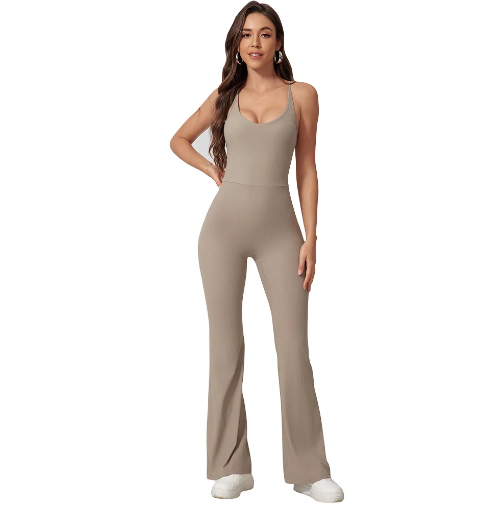 Women's Long Length Halter Neck Flare Yoga Jumpsuit Quick Dry Stretchy Compression Lightweight Seamless Fitness Short Leggings