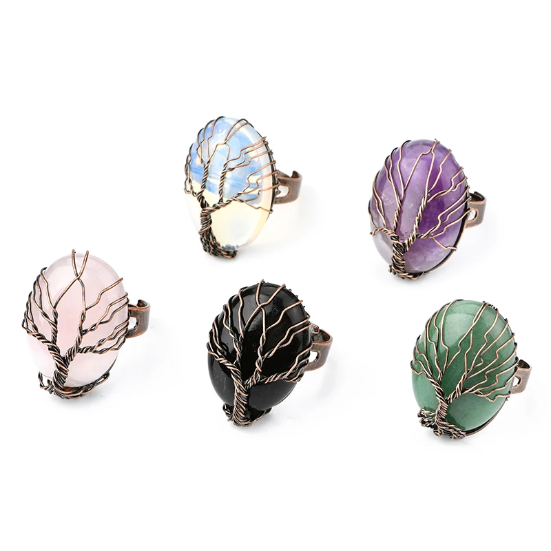 Handmade Retro Natural Stone Ring Vintage Copper Wire Wrapped Tree of Life Oval Gemstone Healing Crystal Adjustable Ring