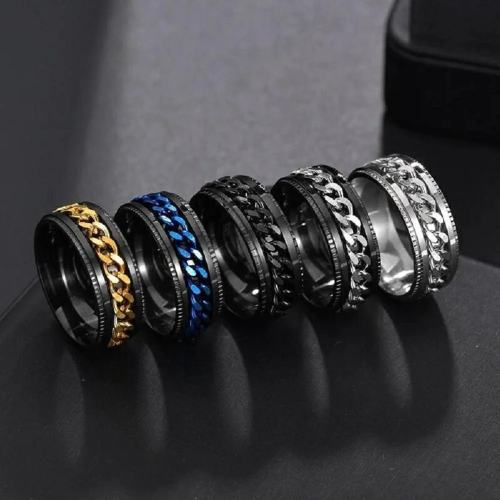 

Titanium Stainless Steel Chain Spinner Ring For Men Blue Gold Black Punk Rock Rings Accessories Jewelry Gift R1401
