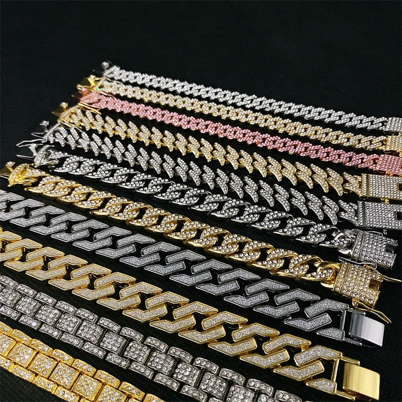 

European Luxury Gold Plated Bracelets & Bangles 8in Men Hip Hop Cuban Link Bracelets Jewelry, Silver color+gold+rose gold