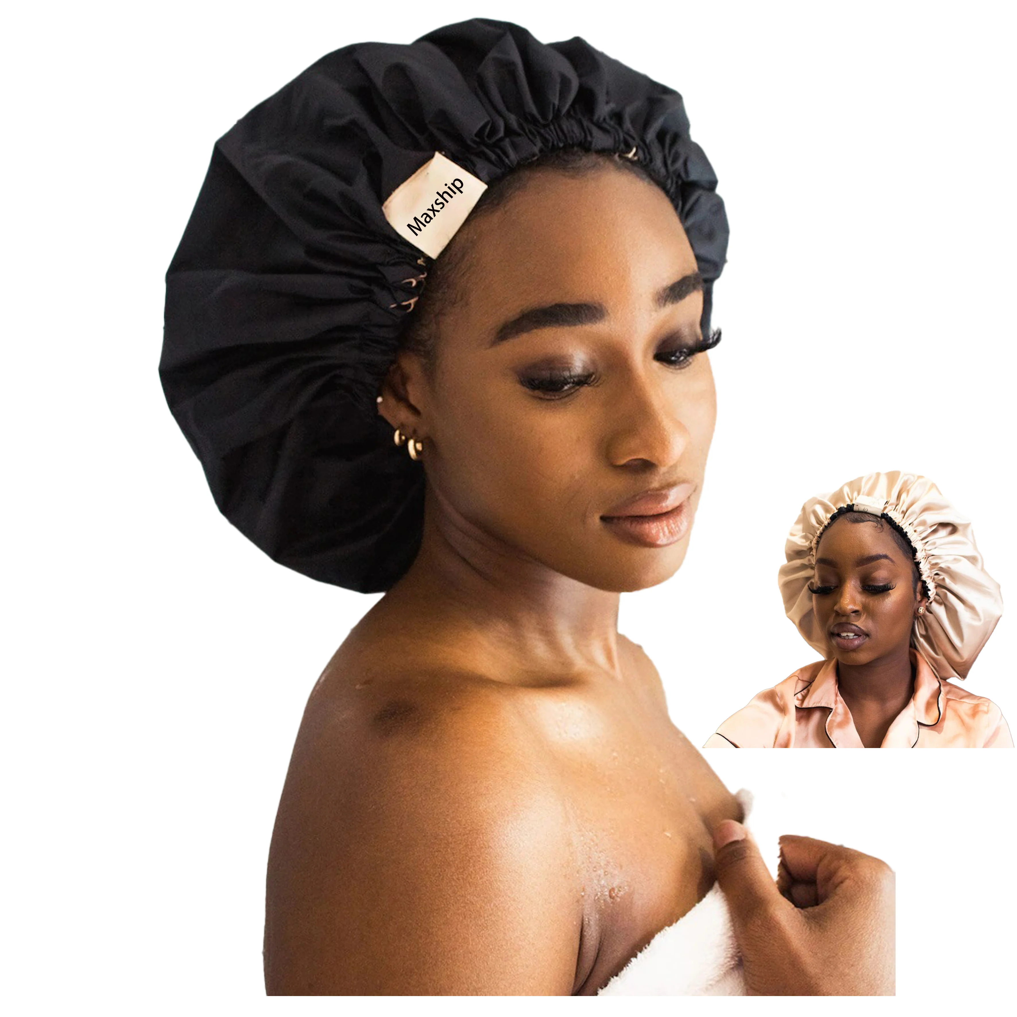 

Extra Large Shower Cap Satin Lined Adjustable Size For Women Long Curl Hair, Black
