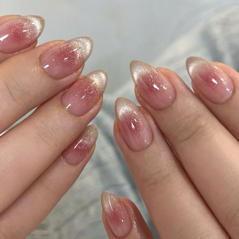 3862 Chic Pink Gradient Press-On Nails with Glitter Short Almond False Nail Dropshipping Artificial Fingernails Customize