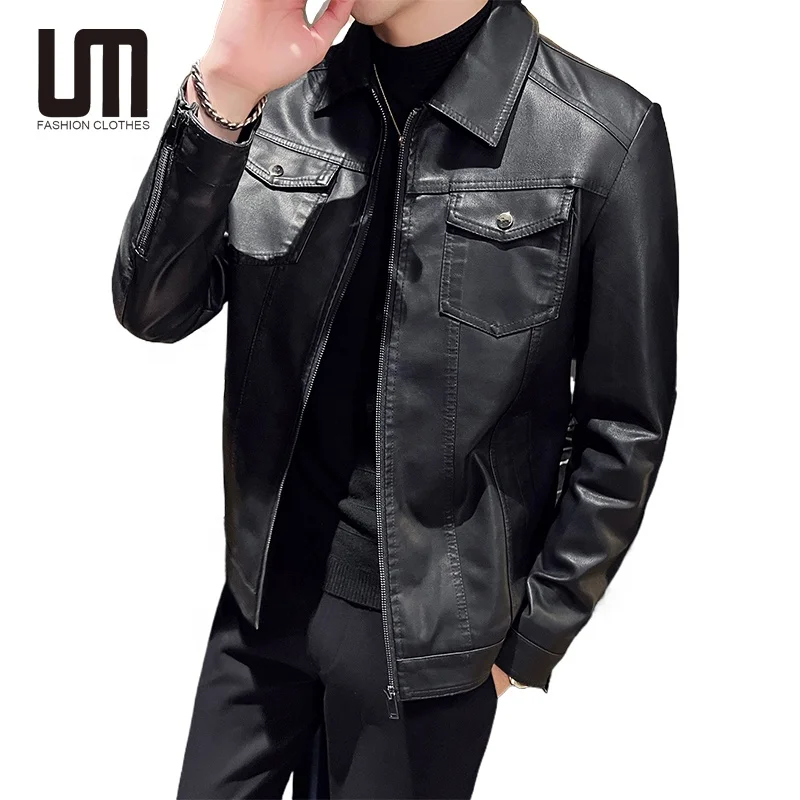 Custom Logo Korean Fashion Trends Spring Autumn Men's Casual Streetwear Leather Black Multi Pocket Slim Fit PU Coat