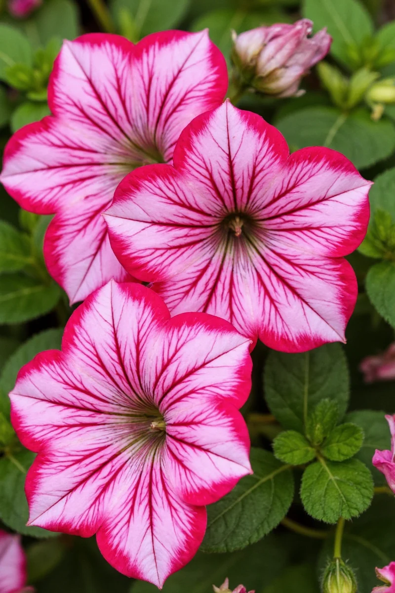 A sunny garden featuring a mix of striped petunias and happy pets lounging nearby, enjoying a peaceful day outdoors.