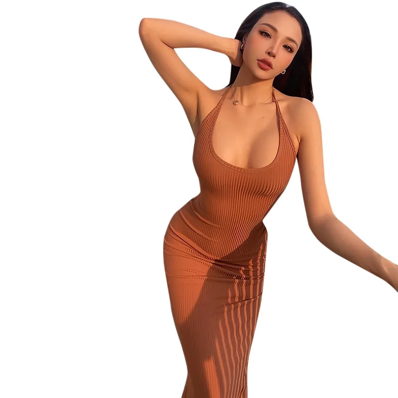 

Summer 2022 new arrivals casual dress halter design long ribbed casual summer women dresses