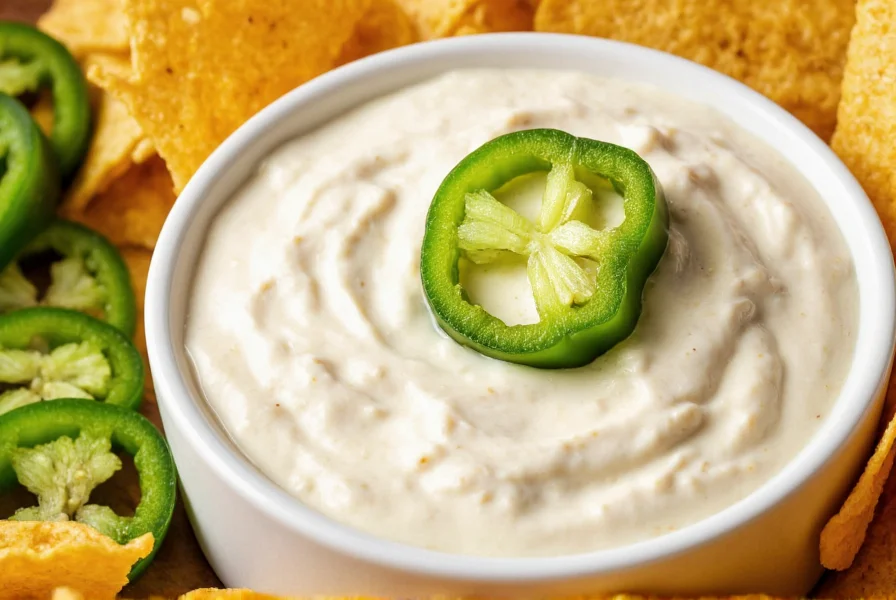 Close-up of creamy jalapeno pepper dip with cream cheese in white bowl surrounded by tortilla chips and fresh jalapeño slices