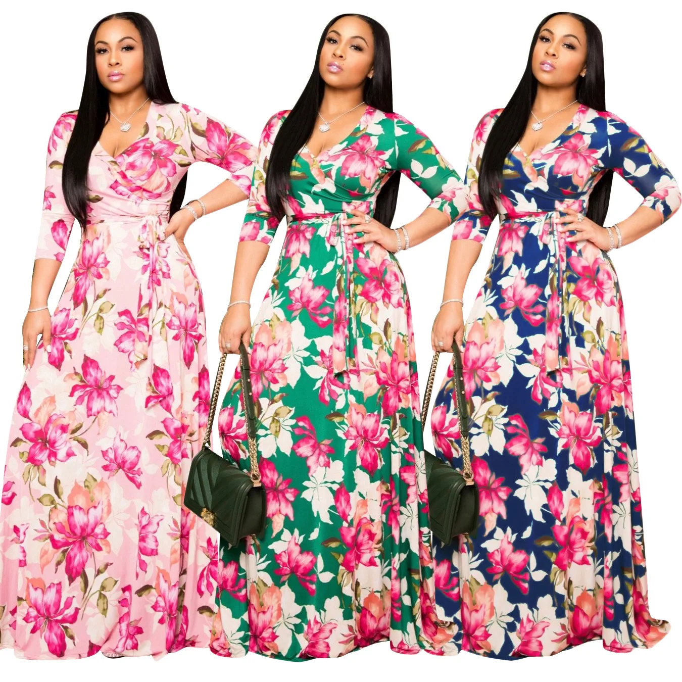 

Boutique Clothing Women Print Summer Dresses Casual Sashes New Fashion Dress V-Neck Dresses, 3 colors