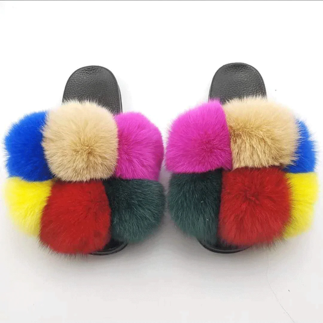 

custom women fur ball slippers girls fluffy fox open toe slippers, Customized color